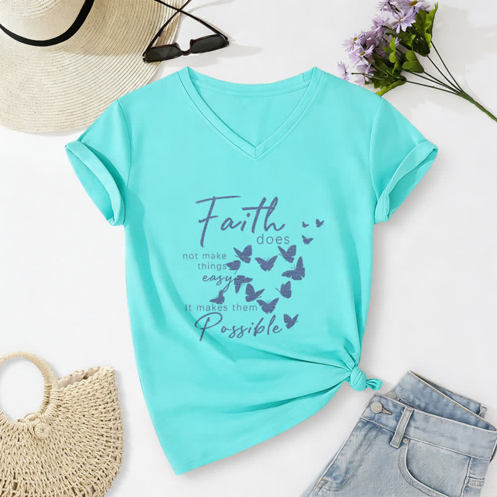 Christianartworkshop Faith Does Not Make Things Easy Butterfly Letter Print Casual V-neck T-shirt - Sky Blue - 2XL - image 20