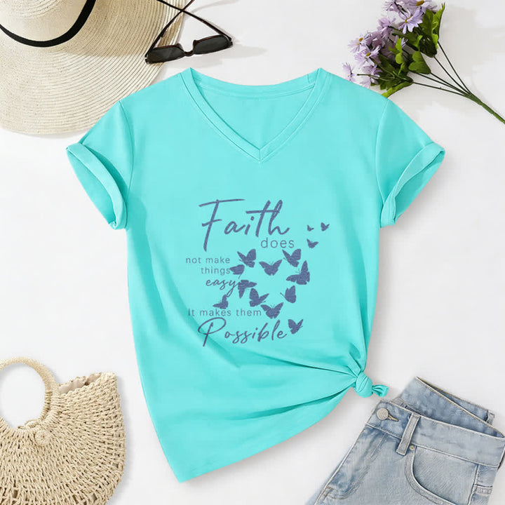 Christianartworkshop Faith Does Not Make Things Easy Butterfly Letter Print Casual V-neck T-shirt - Sky Blue - 2XL - image 20