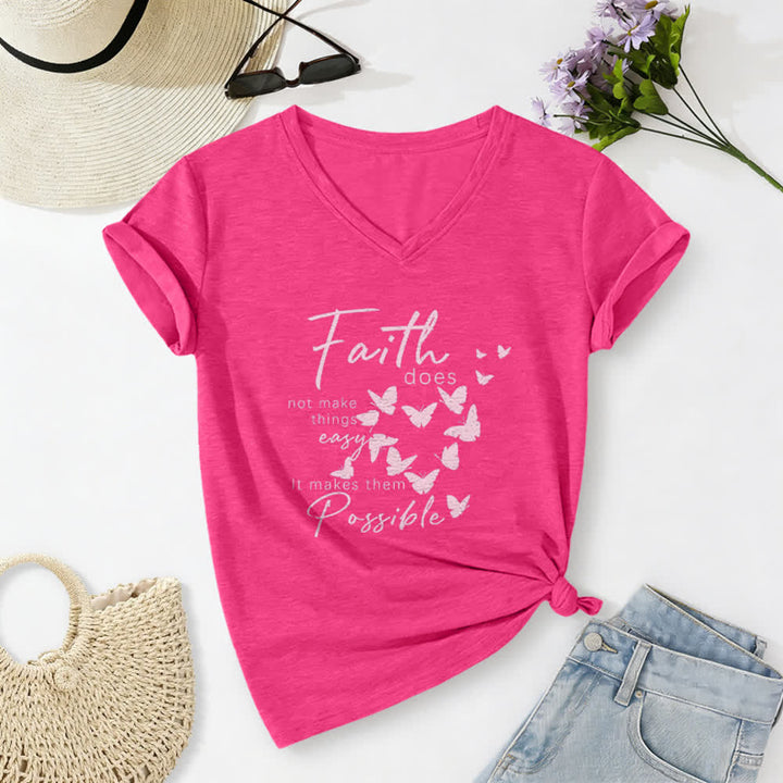 Christianartworkshop Faith Does Not Make Things Easy Butterfly Letter Print Casual V-neck T-shirt - Rose - 2XL - image 22