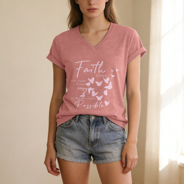 Christianartworkshop Faith Does Not Make Things Easy Butterfly Letter Print Casual V-neck T-shirt - image 19