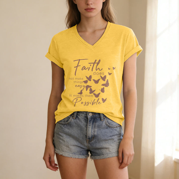 Christianartworkshop Faith Does Not Make Things Easy Butterfly Letter Print Casual V-neck T-shirt - image 25