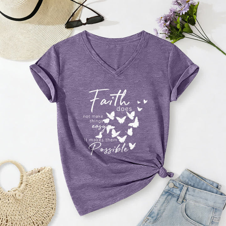 Christianartworkshop Faith Does Not Make Things Easy Butterfly Letter Print Casual V-neck T-shirt - Purple - 2XL - image 16