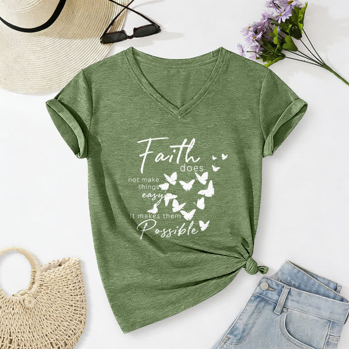 Christianartworkshop Faith Does Not Make Things Easy Butterfly Letter Print Casual V-neck T-shirt - Olive Green - 2XL - image 6
