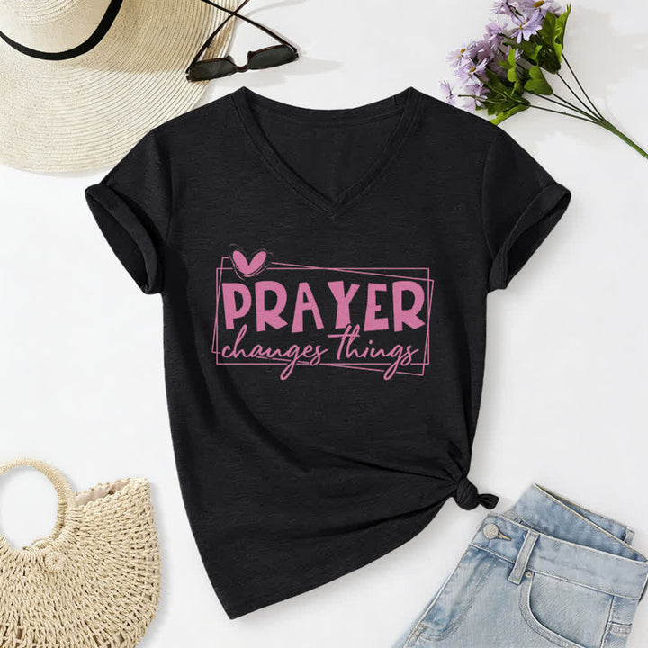 Christianartworkshop Prayer Changes Things Heart Letter Print Casual V-neck T-shirt - Black - 2XL - image 12