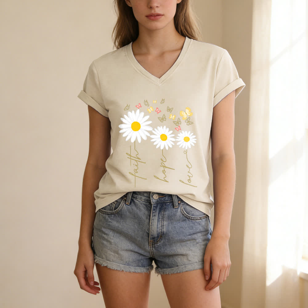Christianartworkshop Faith Hope Love Daisy Butterfly Floral Print Casual V-neck T-shirt - image 3