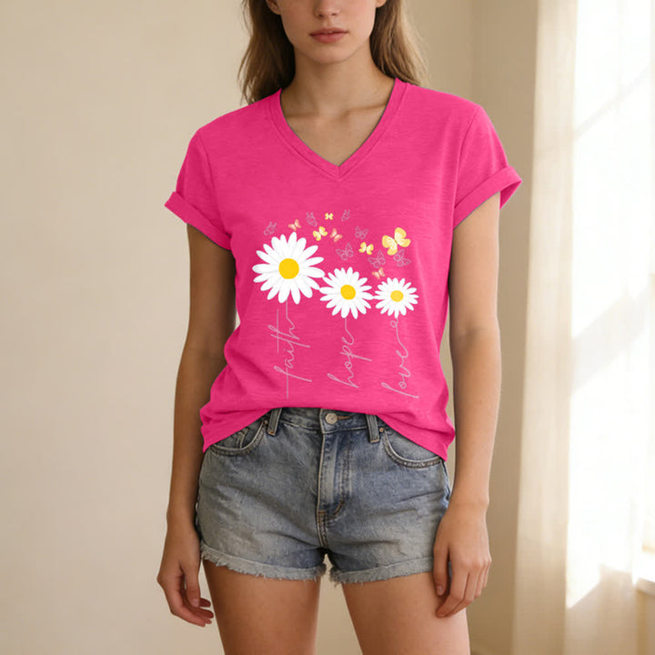 Christianartworkshop Faith Hope Love Daisy Butterfly Floral Print Casual V-neck T-shirt - image 23