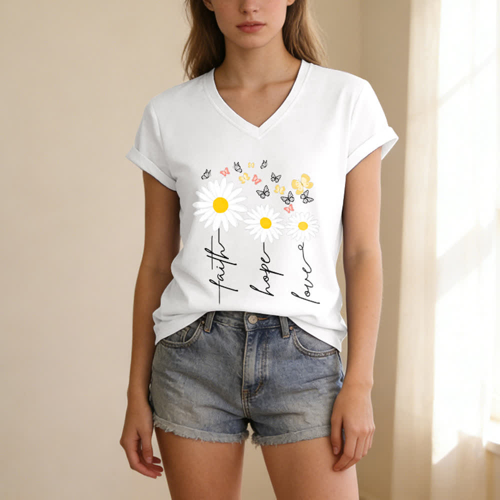 Christianartworkshop Faith Hope Love Daisy Butterfly Floral Print Casual V-neck T-shirt - image 5