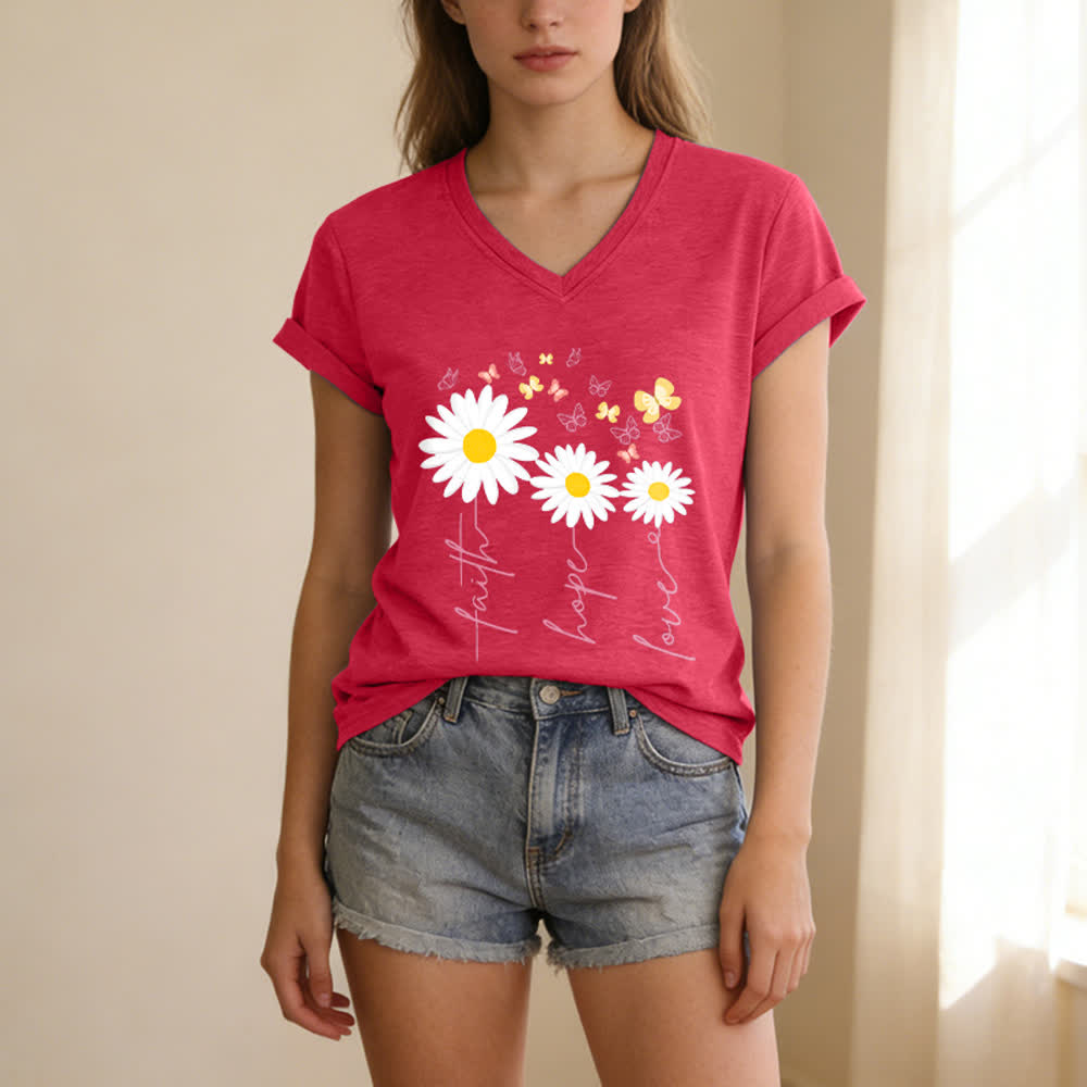Christianartworkshop Faith Hope Love Daisy Butterfly Floral Print Casual V-neck T-shirt - image 17