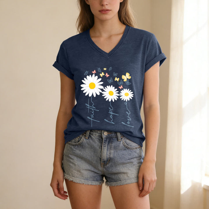 Christianartworkshop Faith Hope Love Daisy Butterfly Floral Print Casual V-neck T-shirt - image 11