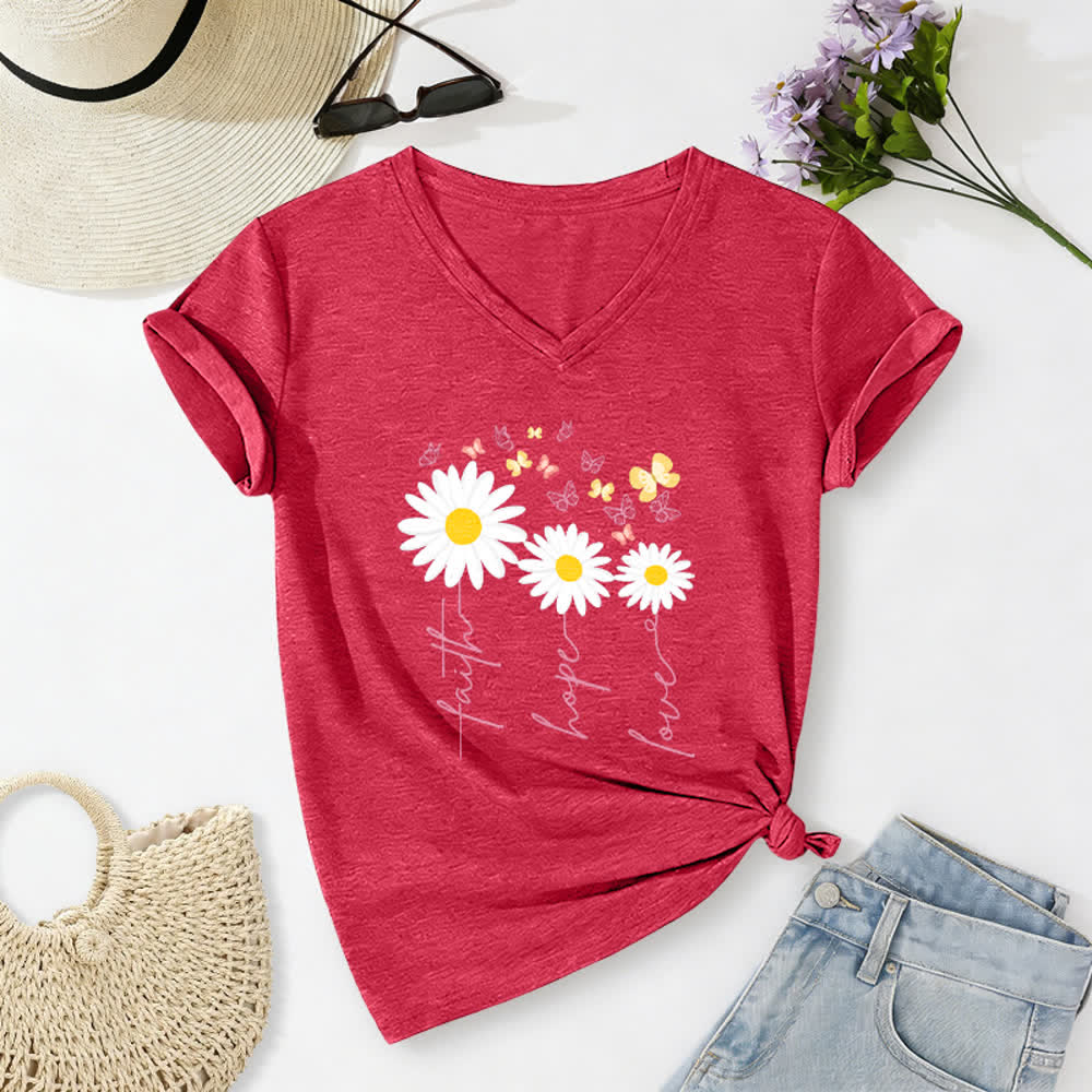 Christianartworkshop Faith Hope Love Daisy Butterfly Floral Print Casual V-neck T-shirt - Red - 2XL - image 16