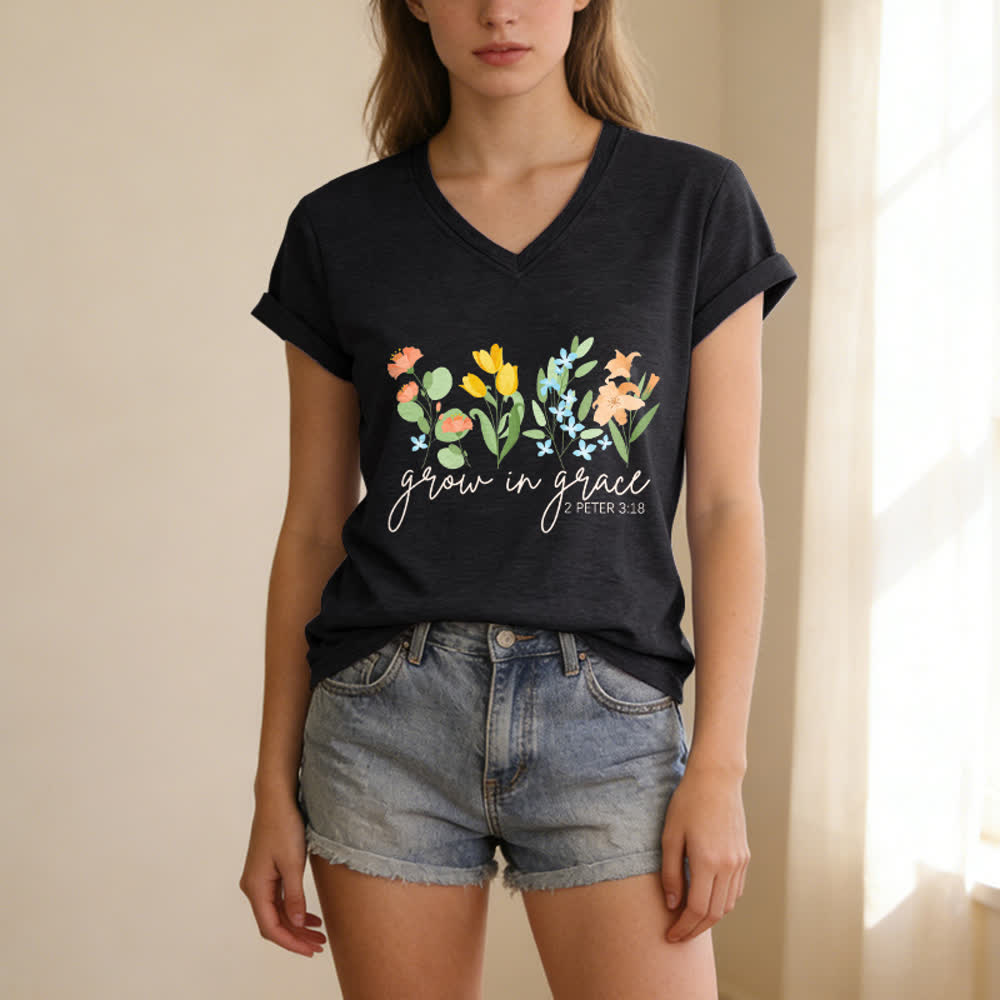 Christianartworkshop Grow In Grace 2 Peter 3:18 Floral Letter Print Casual V-neck T-shirt - image 13