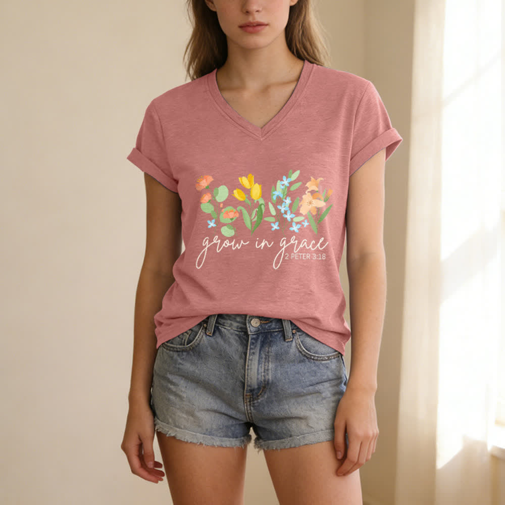 Christianartworkshop Grow In Grace 2 Peter 3:18 Floral Letter Print Casual V-neck T-shirt - image 19