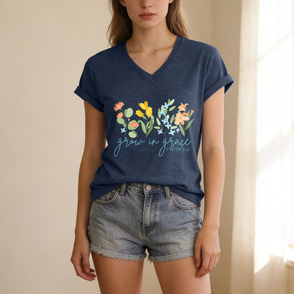 Christianartworkshop Grow In Grace 2 Peter 3:18 Floral Letter Print Casual V-neck T-shirt - image 1