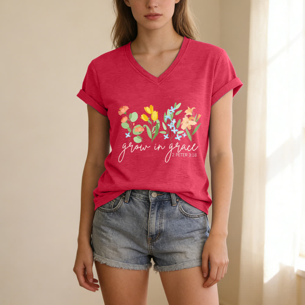 Christianartworkshop Grow In Grace 2 Peter 3:18 Floral Letter Print Casual V-neck T-shirt - image 15
