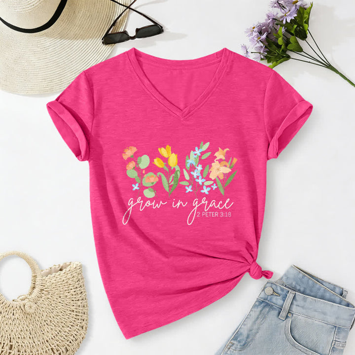 Christianartworkshop Grow In Grace 2 Peter 3:18 Floral Letter Print Casual V-neck T-shirt - Rose - 2XL - image 22