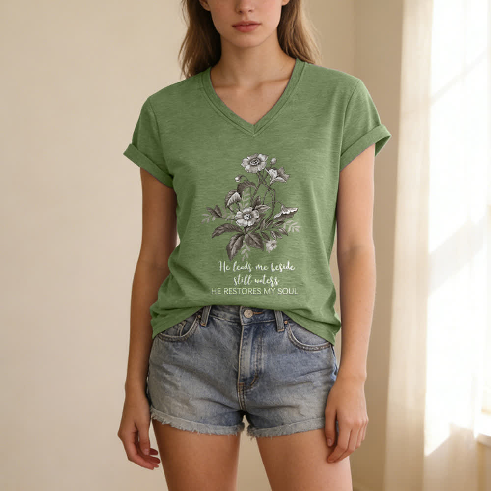 Christianartworkshop He Leads Me Beside Still Waters Floral Letter Print Casual V-neck T-shirt - image 9