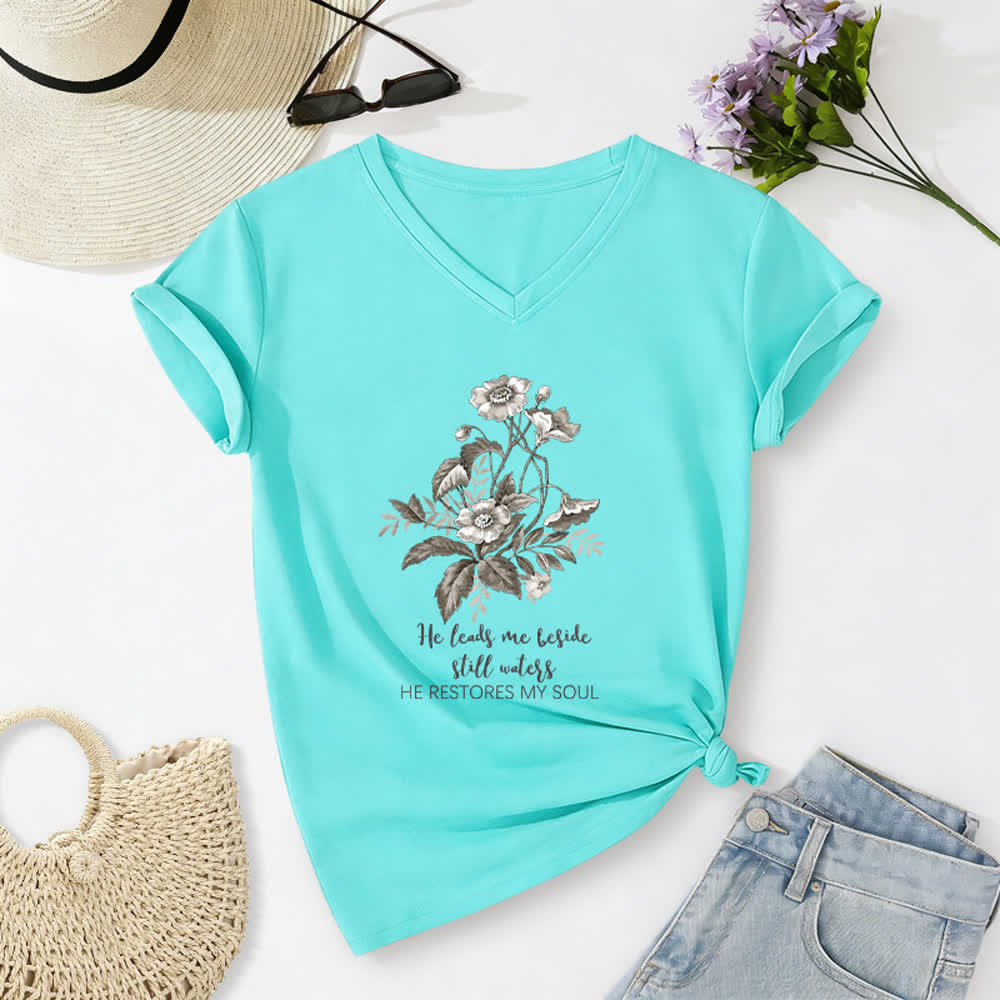 Christianartworkshop He Leads Me Beside Still Waters Floral Letter Print Casual V-neck T-shirt - Sky Blue - 2XL - image 22