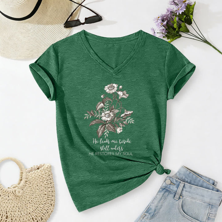 Christianartworkshop He Leads Me Beside Still Waters Floral Letter Print Casual V-neck T-shirt - Dark Green - 2XL - image 12