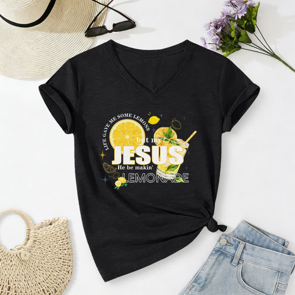 Christianartworkshop Life Gave Me Some Lemons But My Jesus He Be Makin' Lemonade Lemon Graphic Print Casual V-neck T-shirt - Black - 2XL - image 14
