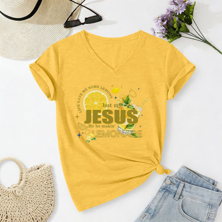 Christianartworkshop Life Gave Me Some Lemons But My Jesus He Be Makin' Lemonade Lemon Graphic Print Casual V-neck T-shirt - Yellow - 2XL - image 24