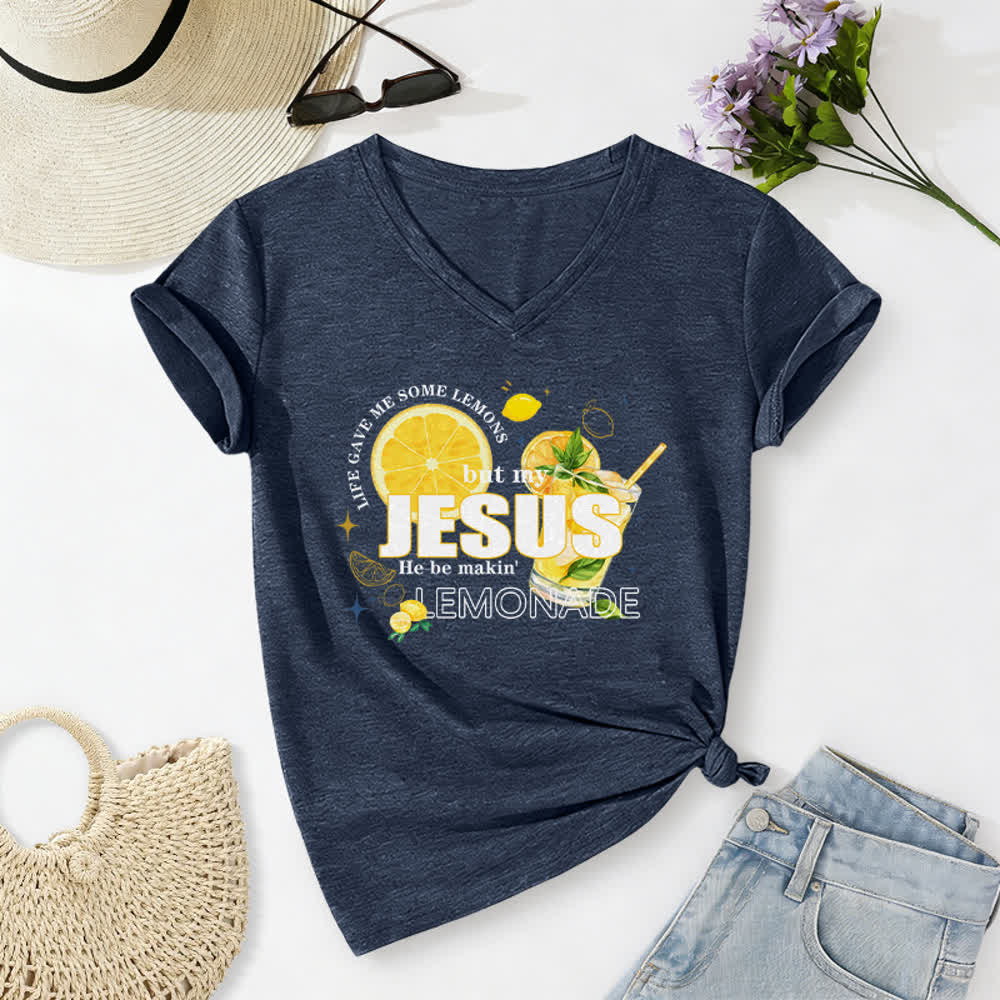 Christianartworkshop Life Gave Me Some Lemons But My Jesus He Be Makin' Lemonade Lemon Graphic Print Casual V-neck T-shirt - Navy Blue - 2XL - image 10