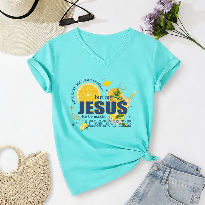Christianartworkshop Life Gave Me Some Lemons But My Jesus He Be Makin' Lemonade Lemon Graphic Print Casual V-neck T-shirt - Sky Blue - 2XL - image 20