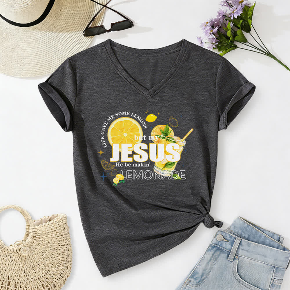 Christianartworkshop Life Gave Me Some Lemons But My Jesus He Be Makin' Lemonade Lemon Graphic Print Casual V-neck T-shirt - Dark Grey - 2XL - image 6