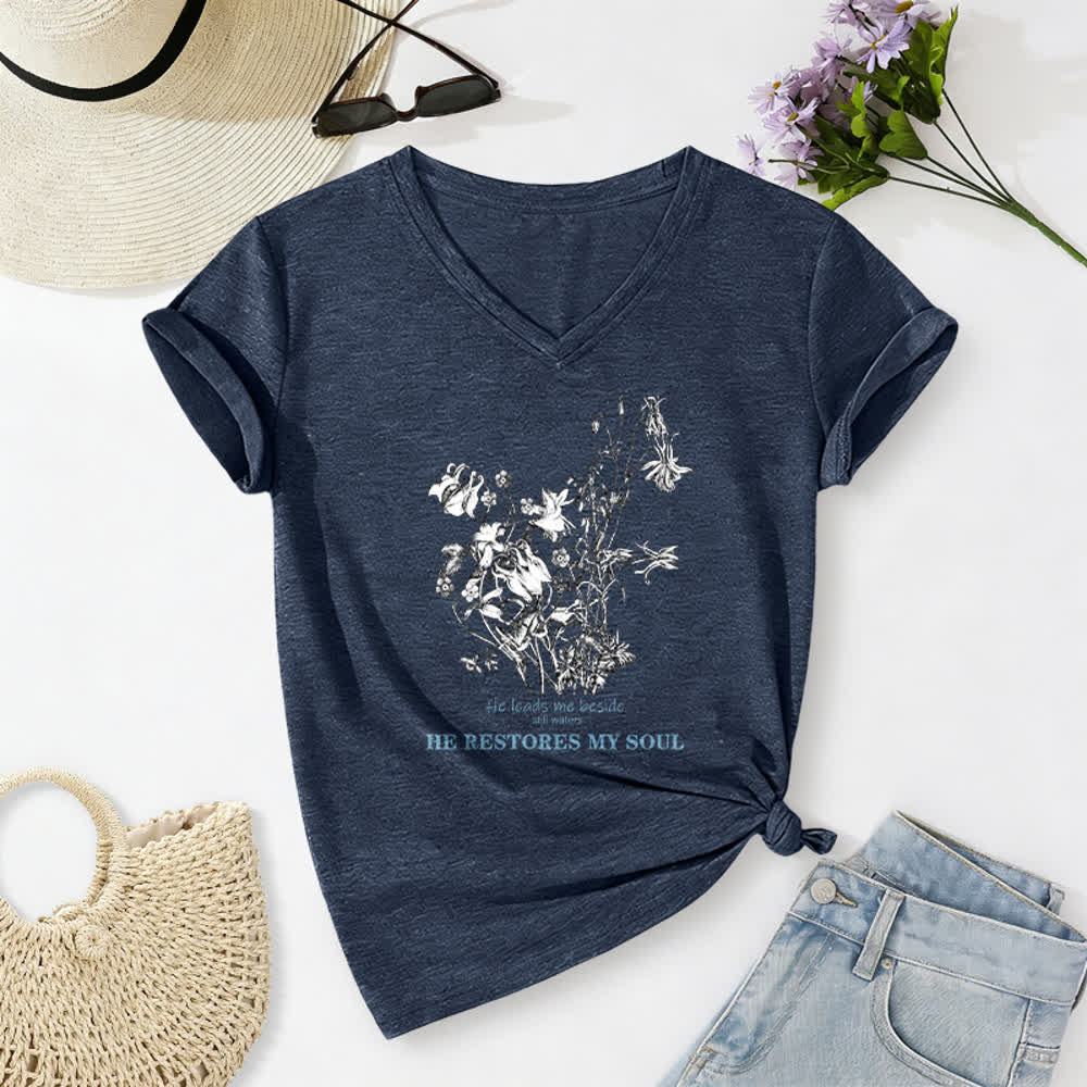 Christianartworkshop He Restores My Soul Floral Beige V Neck Tee - Navy - 2XL - image 8
