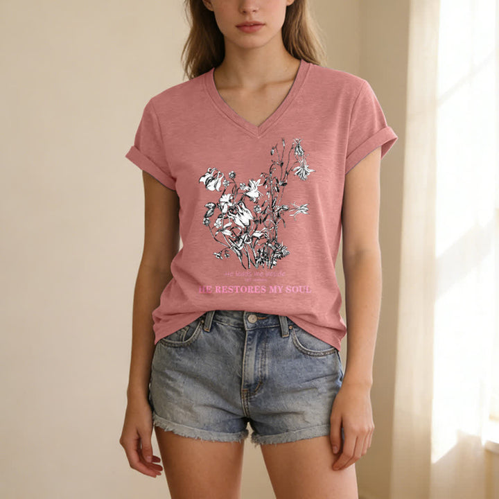 Christianartworkshop He Restores My Soul Floral Beige V Neck Tee - image 19