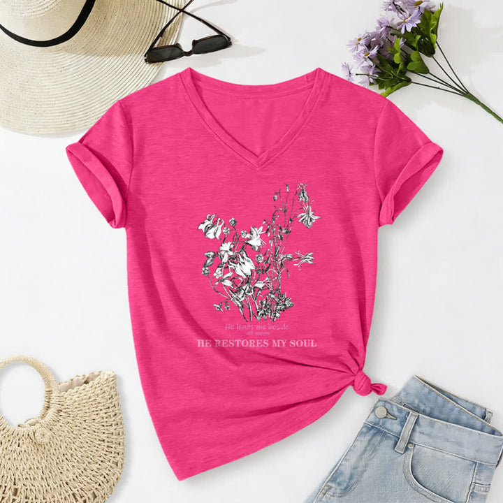 Christianartworkshop He Restores My Soul Floral Beige V Neck Tee - image 22