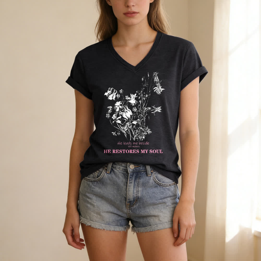 Christianartworkshop He Restores My Soul Floral Beige V Neck Tee - image 13