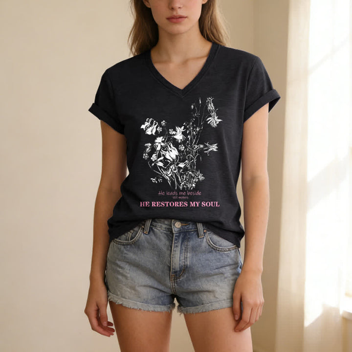 Christianartworkshop He Restores My Soul Floral Beige V Neck Tee - image 13