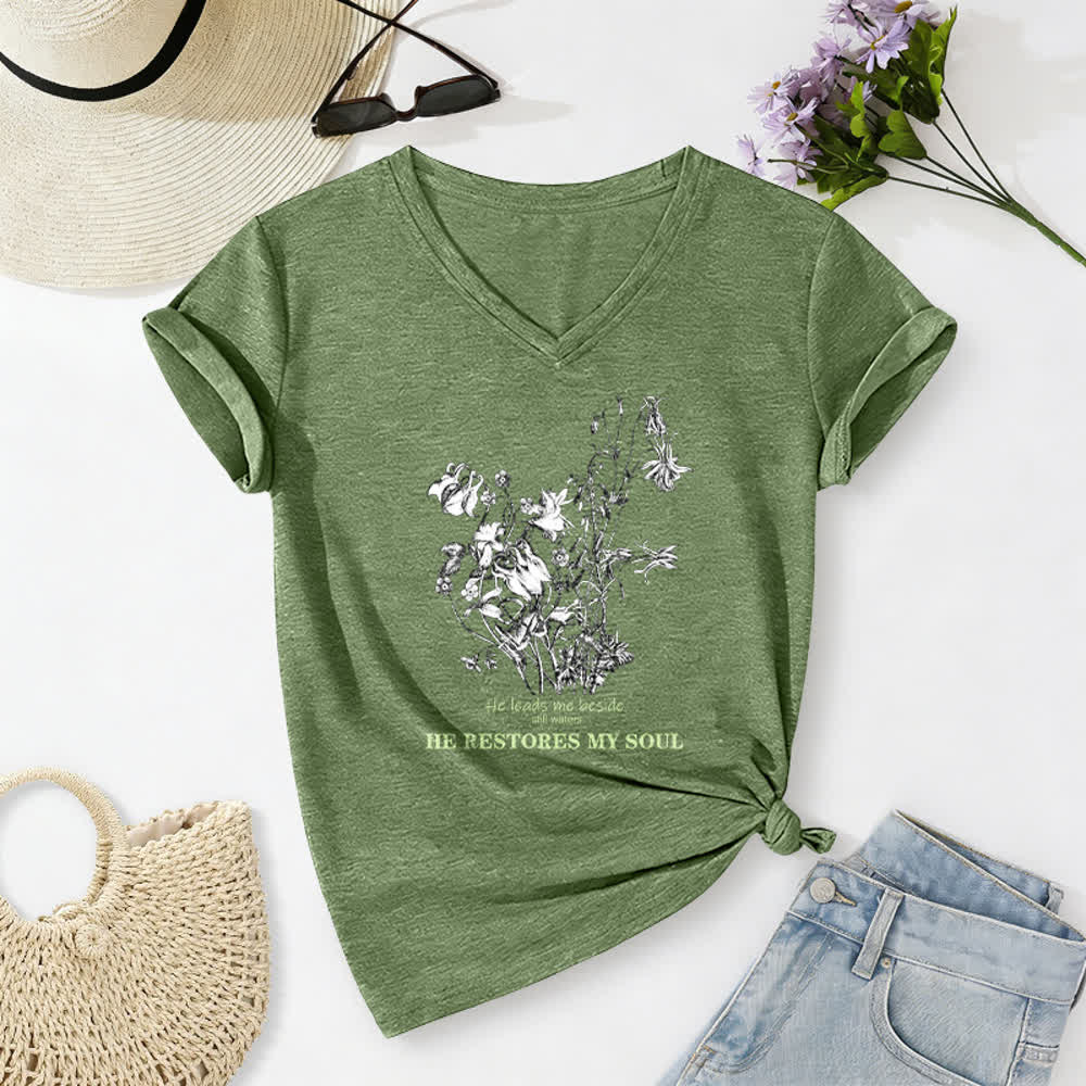 Christianartworkshop He Restores My Soul Floral Beige V Neck Tee - Green - 2XL - image 6