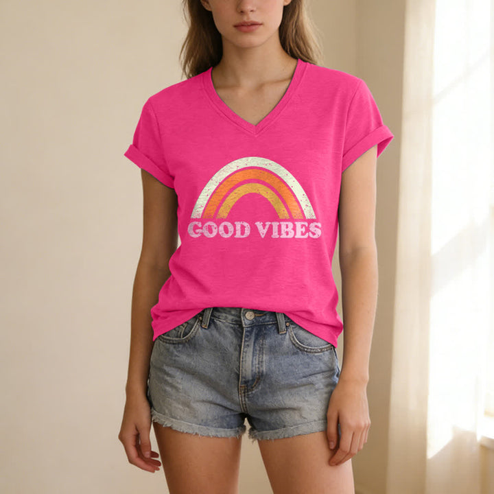 Christianartworkshop Good Vibes Retro Rainbow Heather Womens V Neck Tee - image 25