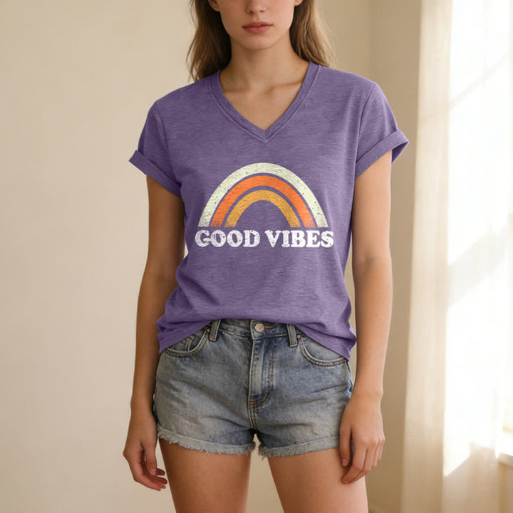 Christianartworkshop Good Vibes Retro Rainbow Heather Womens V Neck Tee - image 1