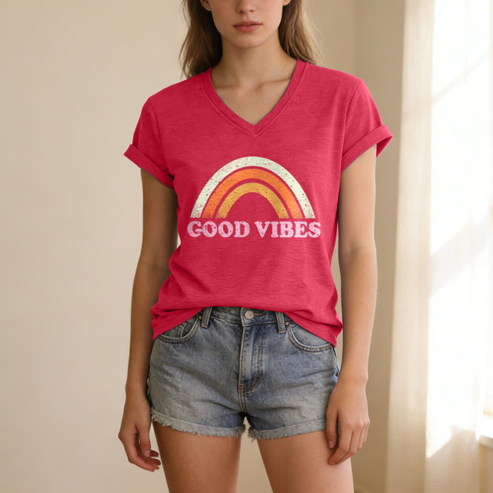 Christianartworkshop Good Vibes Retro Rainbow Heather Womens V Neck Tee - image 17