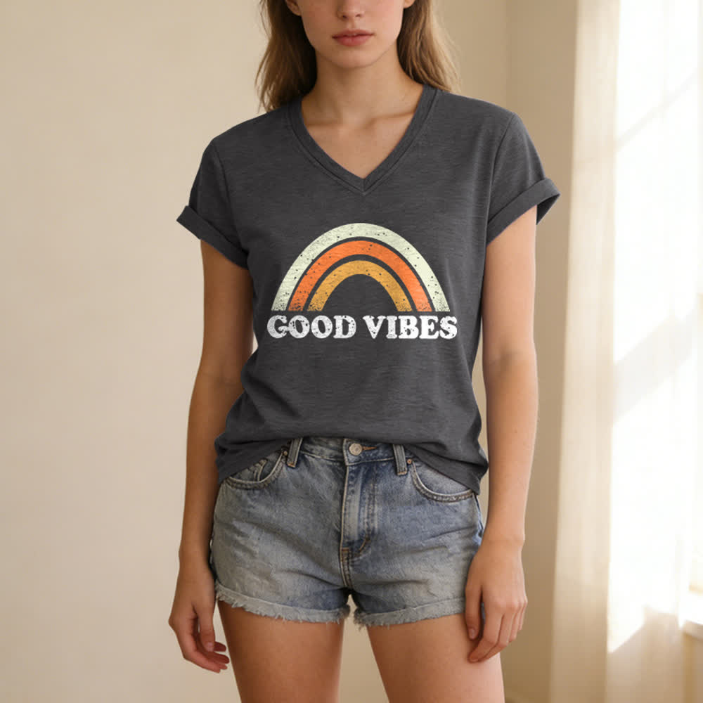 Christianartworkshop Good Vibes Retro Rainbow Heather Womens V Neck Tee - image 7