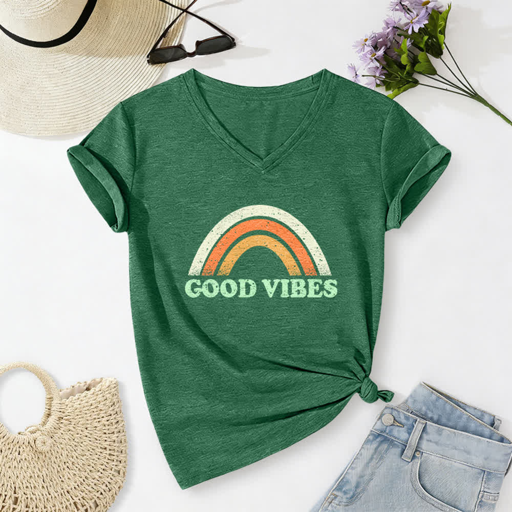 Christianartworkshop Good Vibes Retro Rainbow Heather Womens V Neck Tee - image 12
