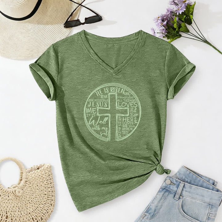 Christianartworkshop Faith Cross Circle Graphic Soft Cotton Womens V Neck Tee - Green - 2XL - image 8