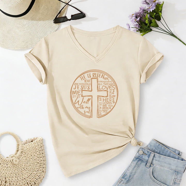 Christianartworkshop Faith Cross Circle Graphic Soft Cotton Womens V Neck Tee - Beige - 2XL - image 2