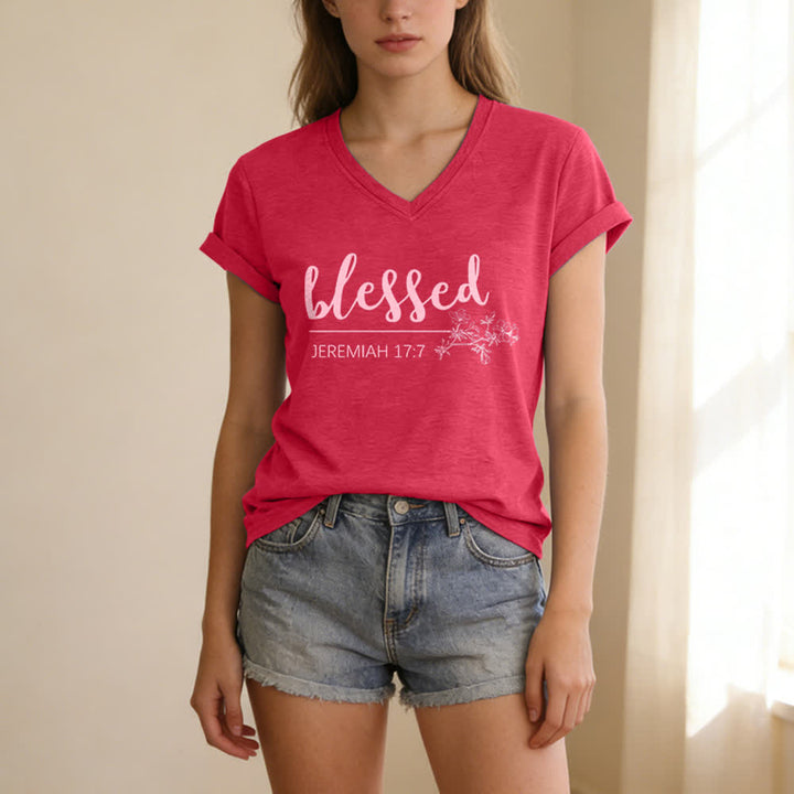 Christianartworkshop Blessed Jeremiah 17:7 Floral Navy Women’s V Neck Tee - Pink - 2XL - image 15