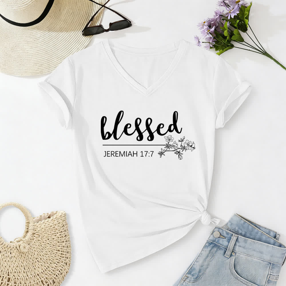 Christianartworkshop Blessed Jeremiah 17:7 Floral Navy Women’s V Neck Tee - White - 2XL - image 4