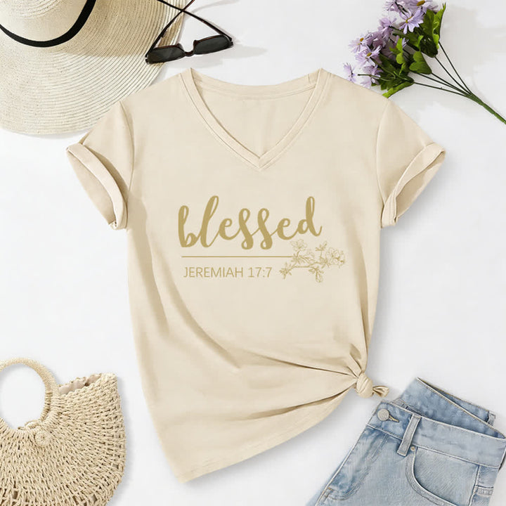 Christianartworkshop Blessed Jeremiah 17:7 Floral Navy Women’s V Neck Tee - Beige - 2XL - image 2