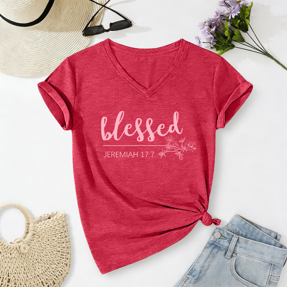 Christianartworkshop Blessed Jeremiah 17:7 Floral Navy Women’s V Neck Tee - Red - 2XL - image 14
