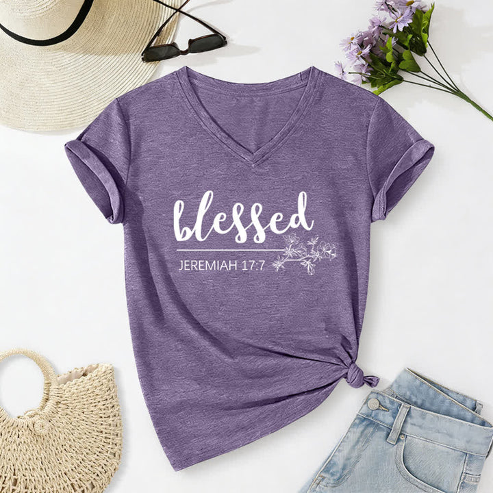 Christianartworkshop Blessed Jeremiah 17:7 Floral Navy Women’s V Neck Tee - Purple - 2XL - image 16