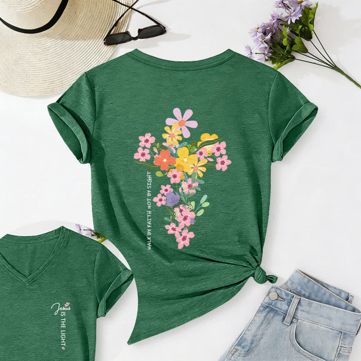 Christianartworkshop Dual-Side Jesus Is The Light Walk By Faith Not By Sight Floral Print Casual V-neck T-shirt - Olive Green - 2XL - image 20