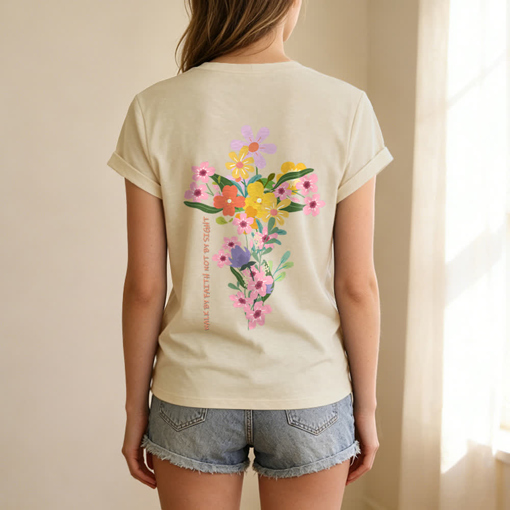 Christianartworkshop Dual-Side Jesus Is The Light Walk By Faith Not By Sight Floral Print Casual V-neck T-shirt - image 2
