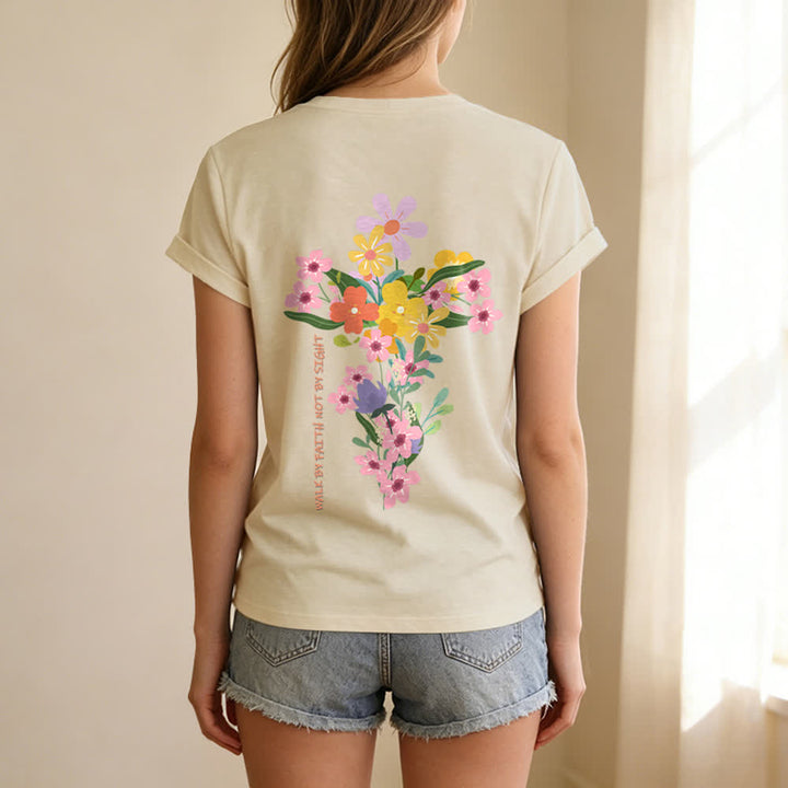 Christianartworkshop Dual-Side Jesus Is The Light Walk By Faith Not By Sight Floral Print Casual V-neck T-shirt - image 2