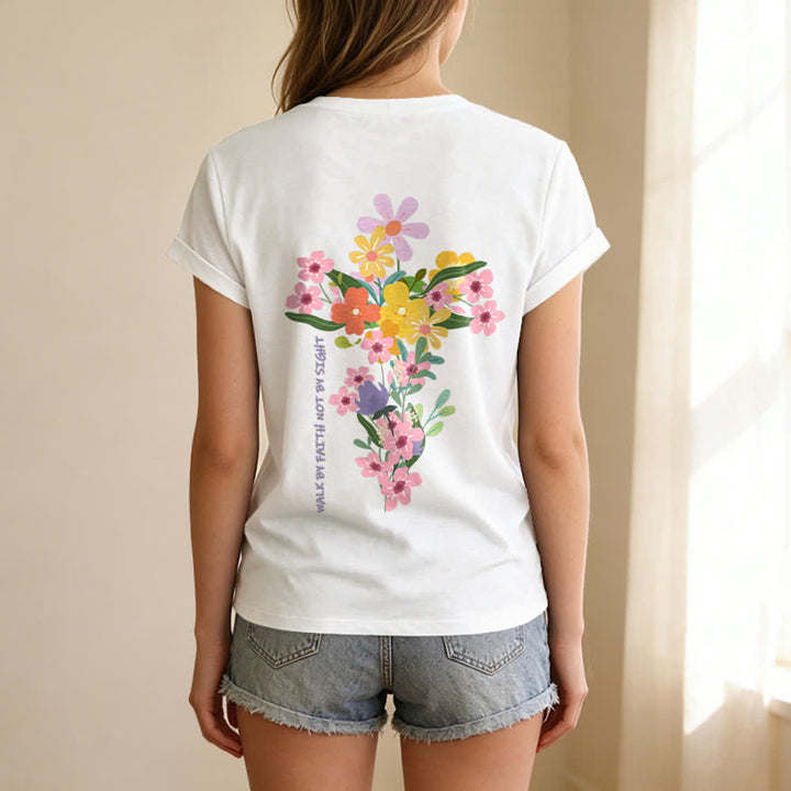 Christianartworkshop Dual-Side Jesus Is The Light Walk By Faith Not By Sight Floral Print Casual V-neck T-shirt - image 6