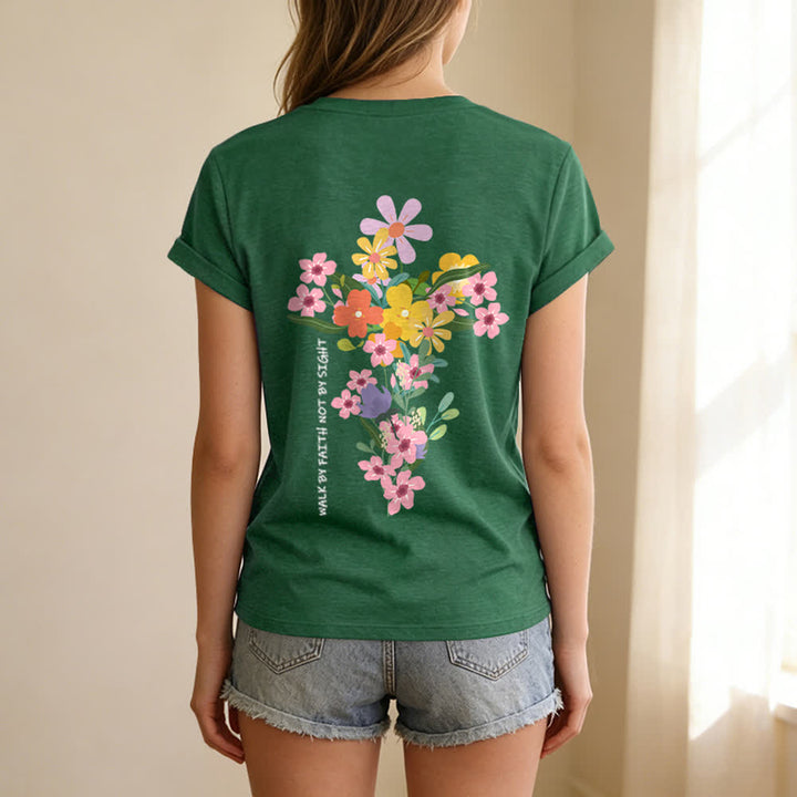 Christianartworkshop Dual-Side Jesus Is The Light Walk By Faith Not By Sight Floral Print Casual V-neck T-shirt - image 22